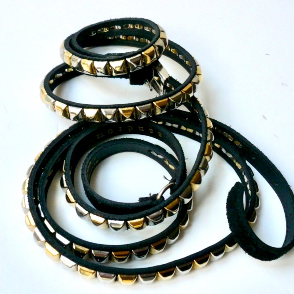 SANDRO Paris Black Suede Gold & Silver 2-Tone Studded Punk Wrap Skinny Hip Belt - Picture 3 of 6